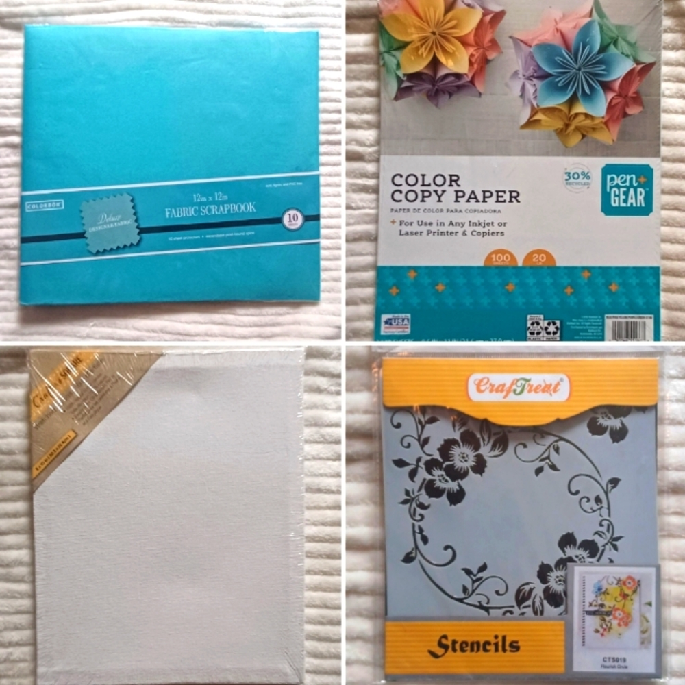 🆕️ 4 Piece Craft Bundle - Scrapbook, Color Paper, Canvas & Floral Stencil